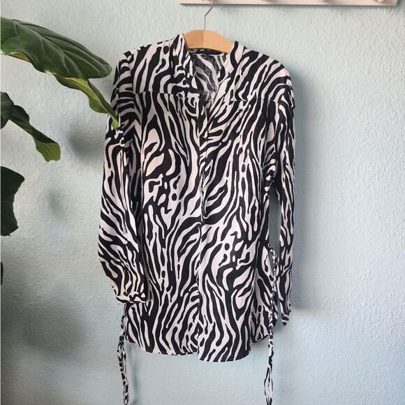Carole Little 100% linen zebra tunic style button front brided belt blouse - Picture 2 of 14